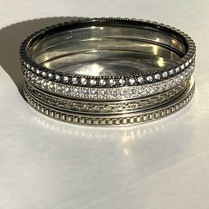 Silver tone metal cuff bracelet set of 4 with rhinestone and chain detailing